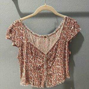 Free People Rust and White Floral Button-Front Crop Top